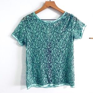 Loft Teal Lace Short Sleeve Top